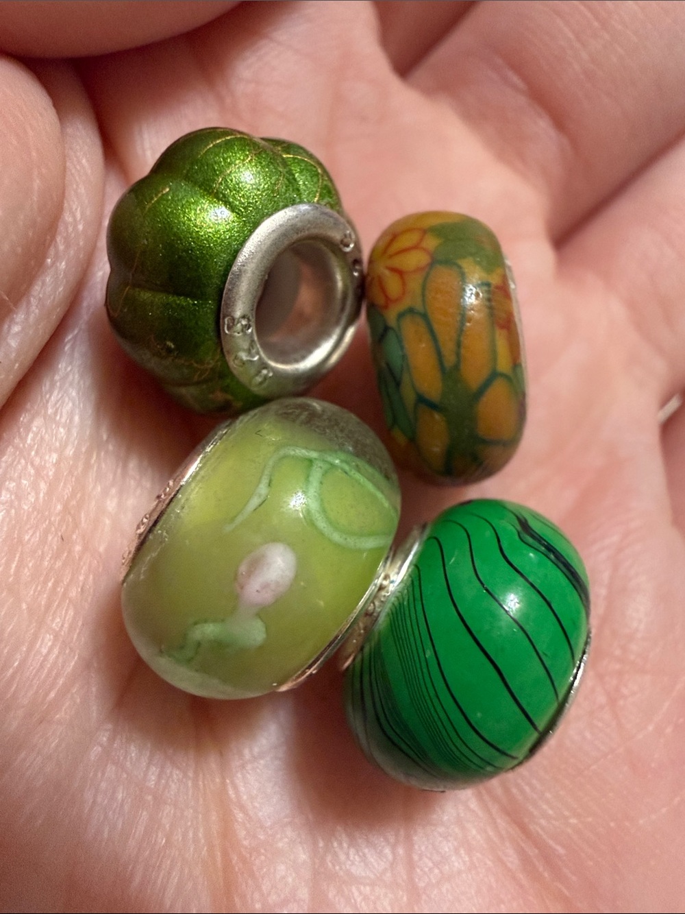 Shades of Green Sterling silver 925 Glass Charm Beads Set of 4